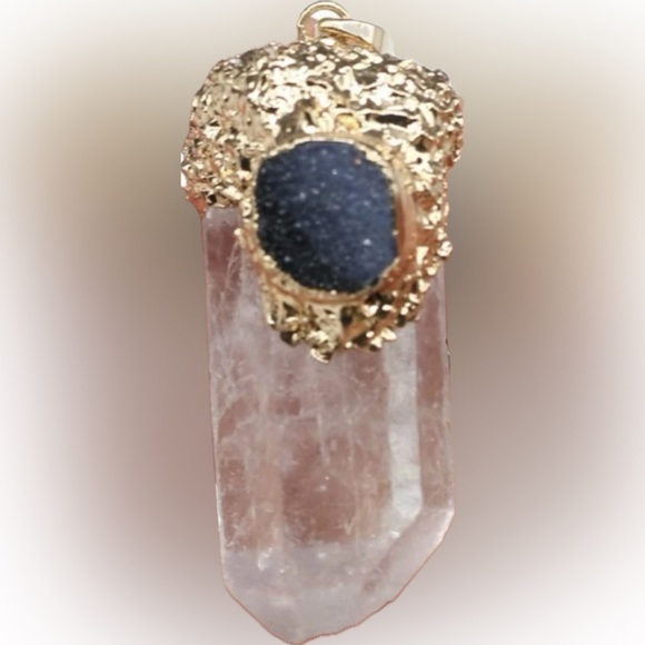“Black Druzy & Clear Quartz” Crystal Pyramid Terminated Point Wand Gold Necklace - Picture 3 of 16